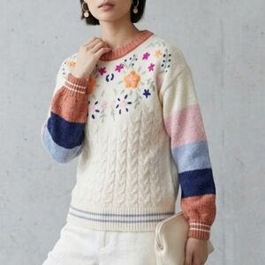 POL Floral Embroidered Cottagecore Striped Contrast Chenille Sweater Size Small